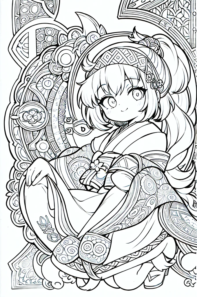 One girl, Create a  chibi version of the Alice character in an 8K resolution, coloring pages, simplified zentangle, coloring book outline, black and white only, no outline, intricate designs, coloring book, celtic design, intricate lines, no gradients, Chibi, best quality, paper doll, shadow puppet, stained glass background, clockpunk, Andersen,A girl with a ponytail is wearing a kimono with a crane pattern, practicing kendo in a dojo, and wearing a headband as a hair accessory, It's sunny, Detailed eyes, clear outlines, kawaii pose, A smile, Raise your right hand, Eye Up, Laugh, radiant light, Taken from the side. She should look adorable and cute. Give him a smiling expression and a sweet smile on his face, capturing the essence of the character in a delicate and charming way.