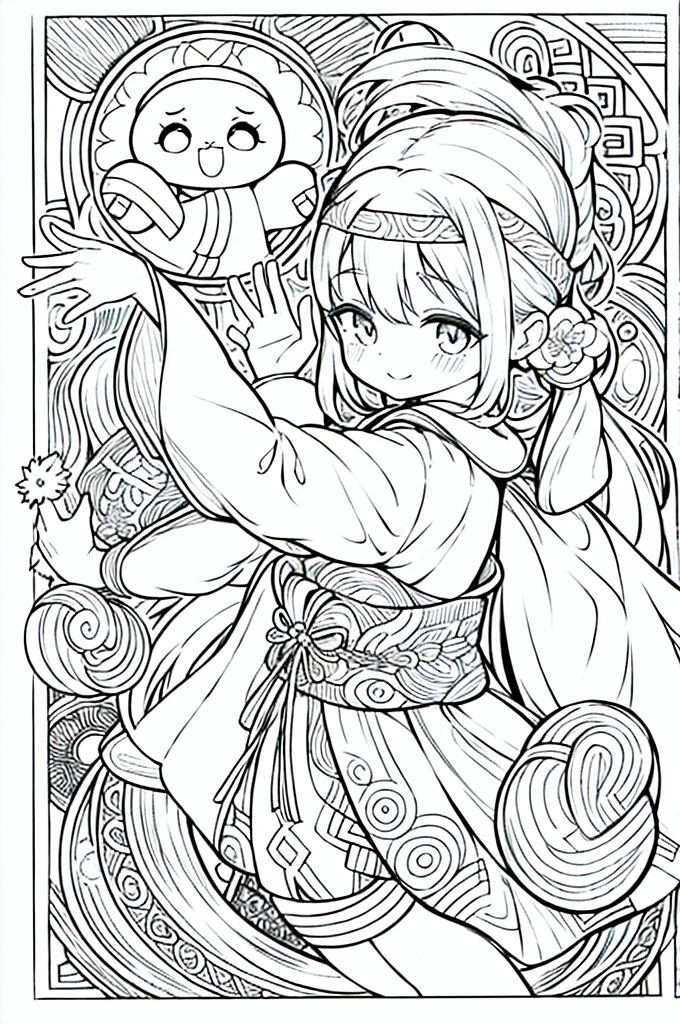 One girl, Create a baby chibi version of the Alice character in an 8K resolution, coloring pages, simplified zentangle, coloring book outline, black and white only, no outline, intricate designs, coloring book, celtic design, intricate lines, no gradients, Chibi, best quality, paper doll, shadow puppet, stained glass background, clockpunk, Andersen,A girl with a ponytail is wearing a kimono with a crane pattern, practicing kendo in a dojo, and wearing a headband as a hair accessory, It's sunny, Detailed eyes, clear outlines, kawaii pose, A smile, Raise your right hand, Eye Up, Laugh, radiant light, Taken from the side. She should look adorable and cute. Give him a smiling expression and a sweet smile on his face, capturing the essence of the character in a delicate and charming way.