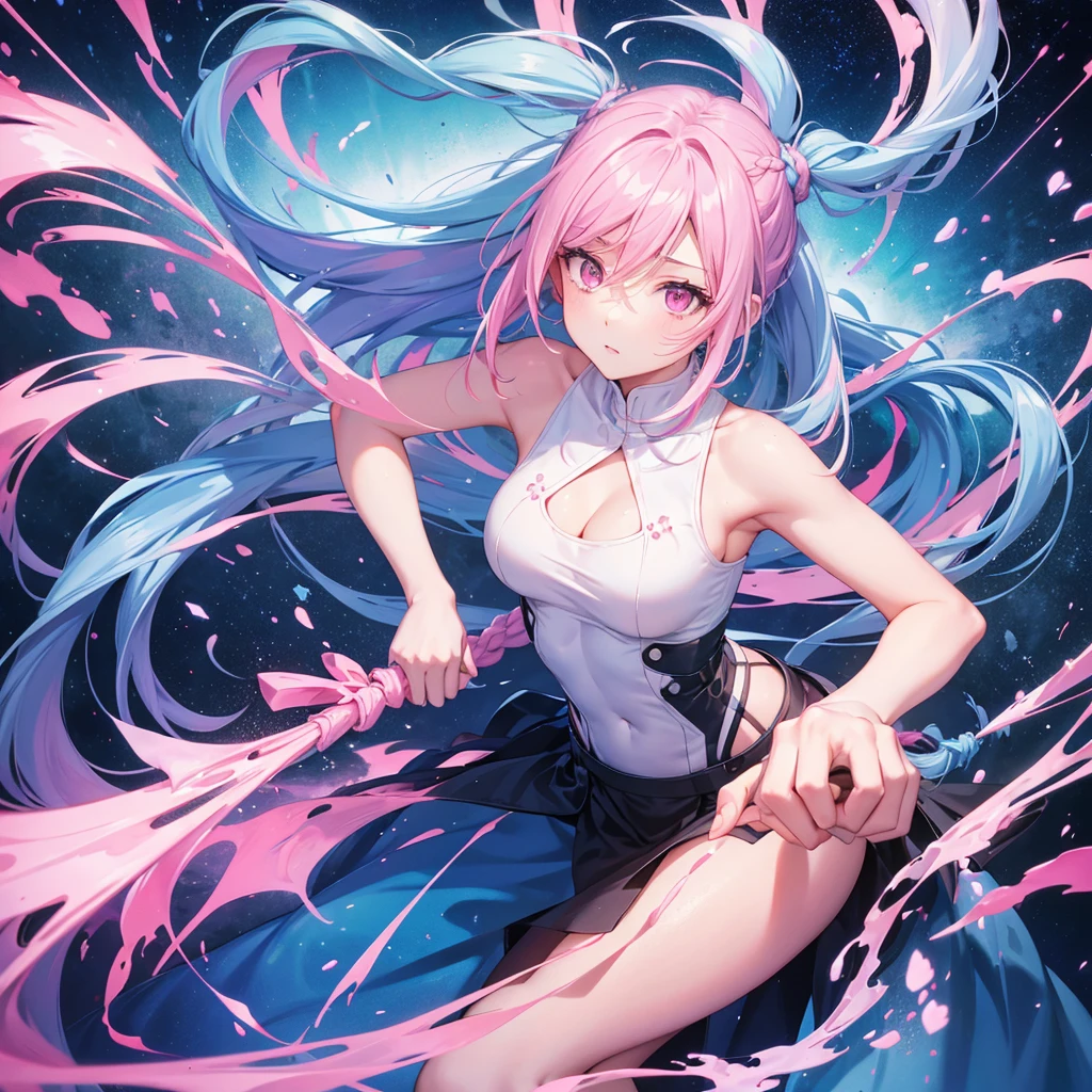 Sky blue hair, (One braided ponytail),(Pink Eyes),Fair skin ,(whole body),(One girl),Orihime's Clothes,(Sky Yue),Tanabata,(The Milky Way in the night sky),Hollow Eyes,Blushing,Straight bangs,(masterpiece, Highest quality, Very detailed, Best Shadow), (Detailed Background), (Beautifully detailed face), High Contrast, (Best lighting, Very delicate and beautiful), ((Cinematic Light)), colorful, Hyper Detail, Dramatic Light, Intricate details,