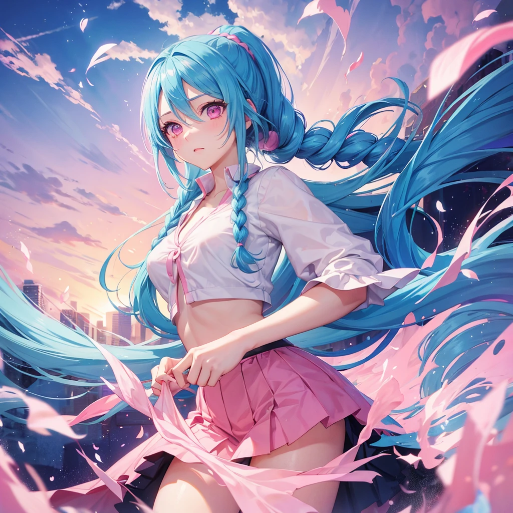 Sky blue hair, (One braided ponytail),(Pink Eyes),Fair skin ,(whole body),(One girl),Orihime's Clothes,(Sky Yue),Tanabata,(The Milky Way in the night sky),Hollow Eyes,Blushing,Straight bangs,(masterpiece, Highest quality, Very detailed, Best Shadow), (Detailed Background), (Beautifully detailed face), High Contrast, (Best lighting, Very delicate and beautiful), ((Cinematic Light)), colorful, Hyper Detail, Dramatic Light, Intricate details,
