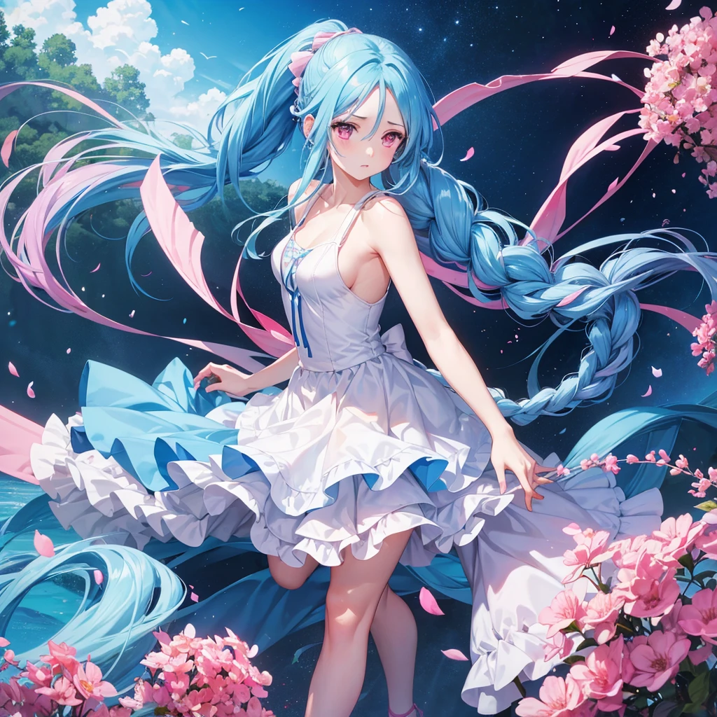 Sky blue hair, (One braided ponytail),(Pink Eyes),Fair skin ,(whole body),(One girl),Orihime&#39;s Clothes,(Sky Yue),Tanabata,(The Milky Way in the night sky),Hollow Eyes,Blushing,Straight bangs,(masterpiece, Highest quality, Very detailed, Best Shadow), (Detailed Background), (Beautifully detailed face), High Contrast, (Best lighting, Very delicate and beautiful), ((Cinematic Light)), colorful, Hyper Detail, Dramatic Light, Intricate details,