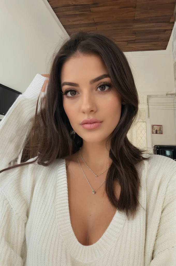 Cute girl, brunette hair, in house, enjoying a cake, taken on iPhone, necklace, big lips, long eyelashes. White sweater, selfie.