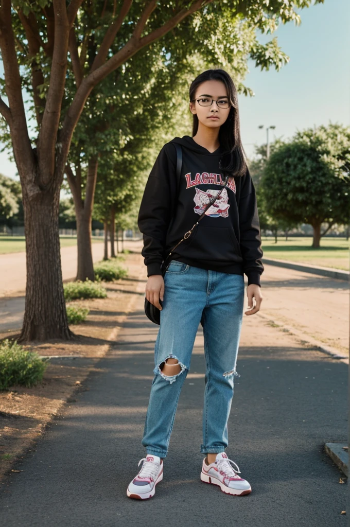 A 19 years old girl wearing a ground with sneakers wearing glasses bright skin 5 foot 3 inch height standing behind a tree 