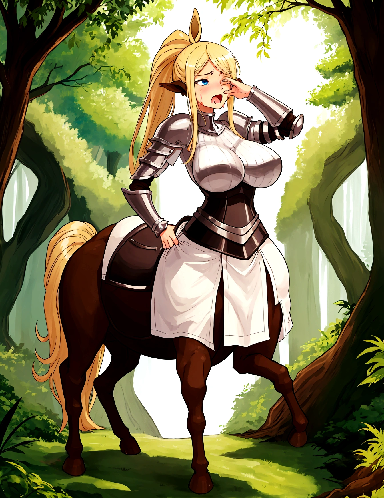 Anime centaur.1 girl. cutie. centaur girl, Half man. monster girl. centaur. Girl - horse. blonde. long hair. hair ornament. Her hair is pulled back into a high ponytail.. Blue eyes. Beautiful eyes. Perfect eyes. expressive eyes. perfect face. face, about to sneeze sneezing face. Beautiful nose. Snotty nose. Long snot hanging from the nose after sneezing. 16 years. big breasts. beautiful breasts. girl knight. centaur knight. She is ill. She got sick. She has allergies. She has a runny nose. nasal mucus. She has snot. She wants to sneeze. She needs to sneeze. She has a strong, desperate urge to sneeze. She sneezes. She sneezes. Splashes of snot fly to the sides. Snot flows from the nose. She has her period. Her crotch is bleeding. in the middle of a forest. Ideal anatomical body. Lower body of a horse.. Horse slender legs. hooves instead of feet. white linen blouse. Light plate armor - corset. skirt. no panties. standing. full height. beautiful character design. shiny skin. whole body. NFS. official art. чрезвычайно подробные обои CG Unity 8k. perfect lighting. 4K ultra-high resolution. Super detailed 8K resolution. A high resolution.