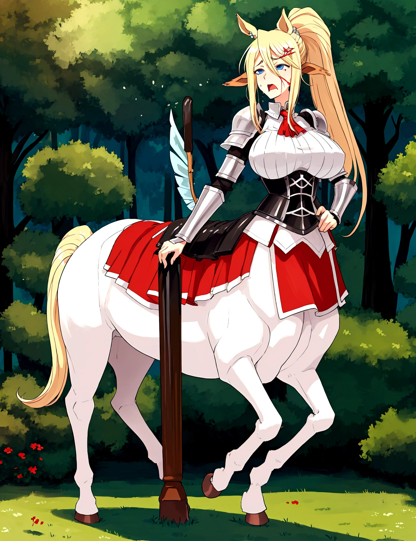 Anime centaur.1 girl. cutie. centaur girl, Half man. monster girl. centaur. Girl - horse. blonde. long hair. hair ornament. Her hair is pulled back into a high ponytail.. Blue eyes. Beautiful eyes. Perfect eyes. expressive eyes. perfect face. face, about to sneeze sneezing face. Beautiful nose. Snotty nose. Long snot hanging from the nose after sneezing. 16 years. big breasts. beautiful breasts. girl knight. centaur knight. She is ill. She got sick. She has allergies. She has a runny nose. nasal mucus. She has snot. She wants to sneeze. She needs to sneeze. She has a strong, desperate urge to sneeze. She sneezes. She sneezes. Splashes of snot fly to the sides. Snot flows from the nose. She has her period. Her crotch is bleeding. in the middle of a forest. Ideal anatomical body. Lower body of a horse.. Horse slender legs. hooves instead of feet. white linen blouse. Light plate armor - corset. skirt. no panties. standing. full height. beautiful character design. shiny skin. whole body. NFS. official art. чрезвычайно подробные обои CG Unity 8k. perfect lighting. 4K ultra-high resolution. Super detailed 8K resolution. A high resolution.