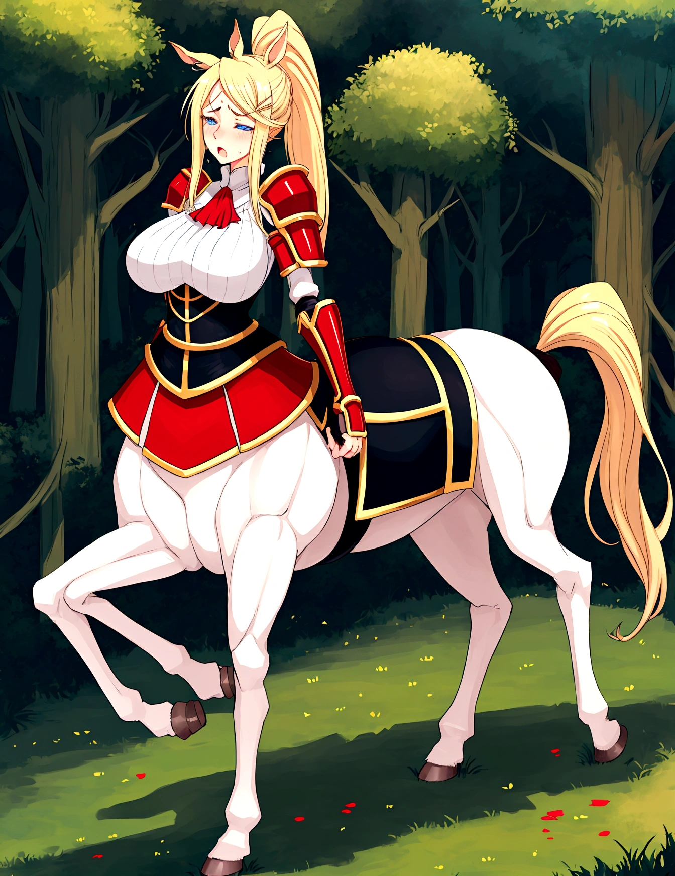 Anime centaur.1 girl. cutie. centaur girl, Half man. monster girl. centaur. Girl - horse. blonde. long hair. hair ornament. Her hair is pulled back into a high ponytail.. Blue eyes. Beautiful eyes. Perfect eyes. expressive eyes. perfect face. face, about to sneeze sneezing face. Beautiful nose. Snotty nose. Long snot hanging from the nose after sneezing. 16 years. big breasts. beautiful breasts. girl knight. centaur knight. She is ill. She got sick. She has allergies. She has a runny nose. nasal mucus. She has snot. She wants to sneeze. She needs to sneeze. She has a strong, desperate urge to sneeze. She sneezes. She sneezes. Splashes of snot fly to the sides. Snot flows from the nose. She has her period. Her crotch is bleeding. in the middle of a forest. Ideal anatomical body. Lower body of a horse.. Horse slender legs. hooves instead of feet. white linen blouse. Light plate armor - corset. skirt. no panties. standing. full height. beautiful character design. shiny skin. whole body. NFS. official art. чрезвычайно подробные обои CG Unity 8k. perfect lighting. 4K ultra-high resolution. Super detailed 8K resolution. A high resolution.