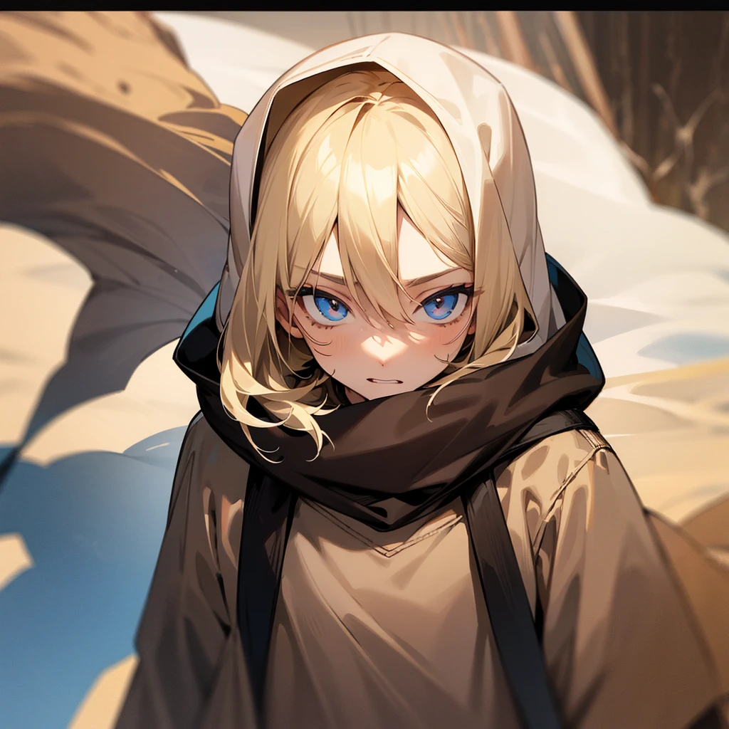 Male gender 
 Eyes: 
 Hair: short blonde almost white 
 Age: adult
 Skin: brown. 
 Location: desert 
 Clothing: black sweatshirt with hood up
 Expression: mischievous.
 Image type: Only the face can be seen.  Let it be just one person, not two.