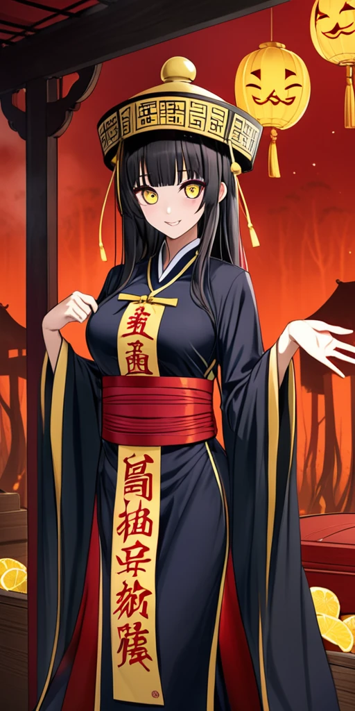 masterpiece, best quality, 4k, 8k, 1girl, solo, long hair, blunt bangs, side braid, black hair, droopy eyes, big eyes, ruby red eye, lemon yellow eye, heterochromia, slender frame, evil smile, large breasts, ofuda, jiangshi costume:1.2, fang, horror, coffin, forest, midnight, fog, from front, cowboy shot, look at viewer, paw pose,