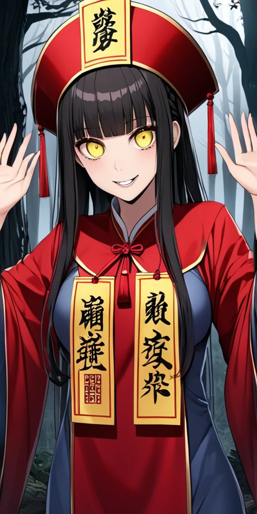 masterpiece, best quality, 4k, 8k, 1girl, solo, long hair, blunt bangs, side braid, black hair, droopy eyes, big eyes, ruby red eye, lemon yellow eye, heterochromia, slender frame, evil smile, large breasts, ofuda, jiangshi costume:1.2, fang, horror, coffin, forest, midnight, fog, from front, cowboy shot, look at viewer, paw pose,
