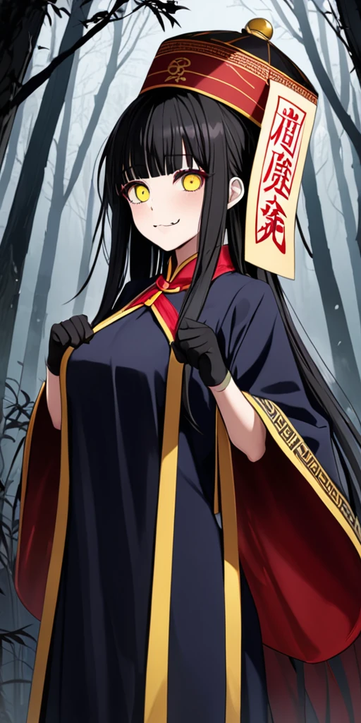 masterpiece, best quality, 4k, 8k, 1girl, solo, long hair, blunt bangs, side braid, black hair, droopy eyes, big eyes, ruby red eye, lemon yellow  eye, heterochromia, slender frame, evil smile, large breasts, ofuda, jiangshi costume:1.2, fang, horror, coffin, forest, midnight, fog, from front, cowboy shot, look at viewer, paw pose,