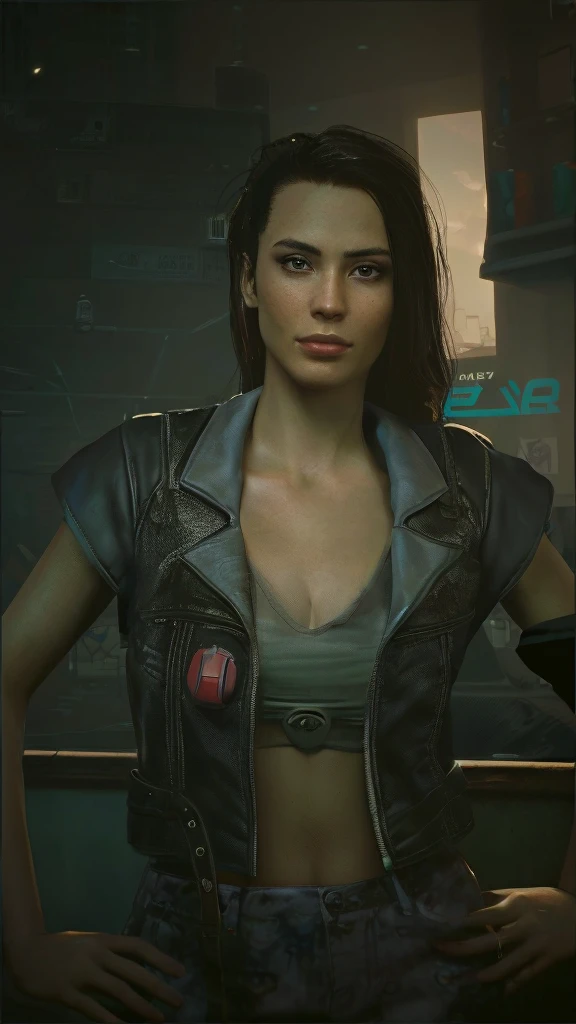 there is a woman in a leather jacket posing for a picture, wearing cyberpunk 2 0 7 7 jacket, cyberpunk judy alvarez, cyberpunk 2 0 7 7 character art, (cyberpunk 2077), in cyberpunk 2077, cyberpunk 2 0 y. o model girl, in cyberpunk 2 0 7 7 cp 2 0 7 7, cyberpunk art ultrarealistic 8k