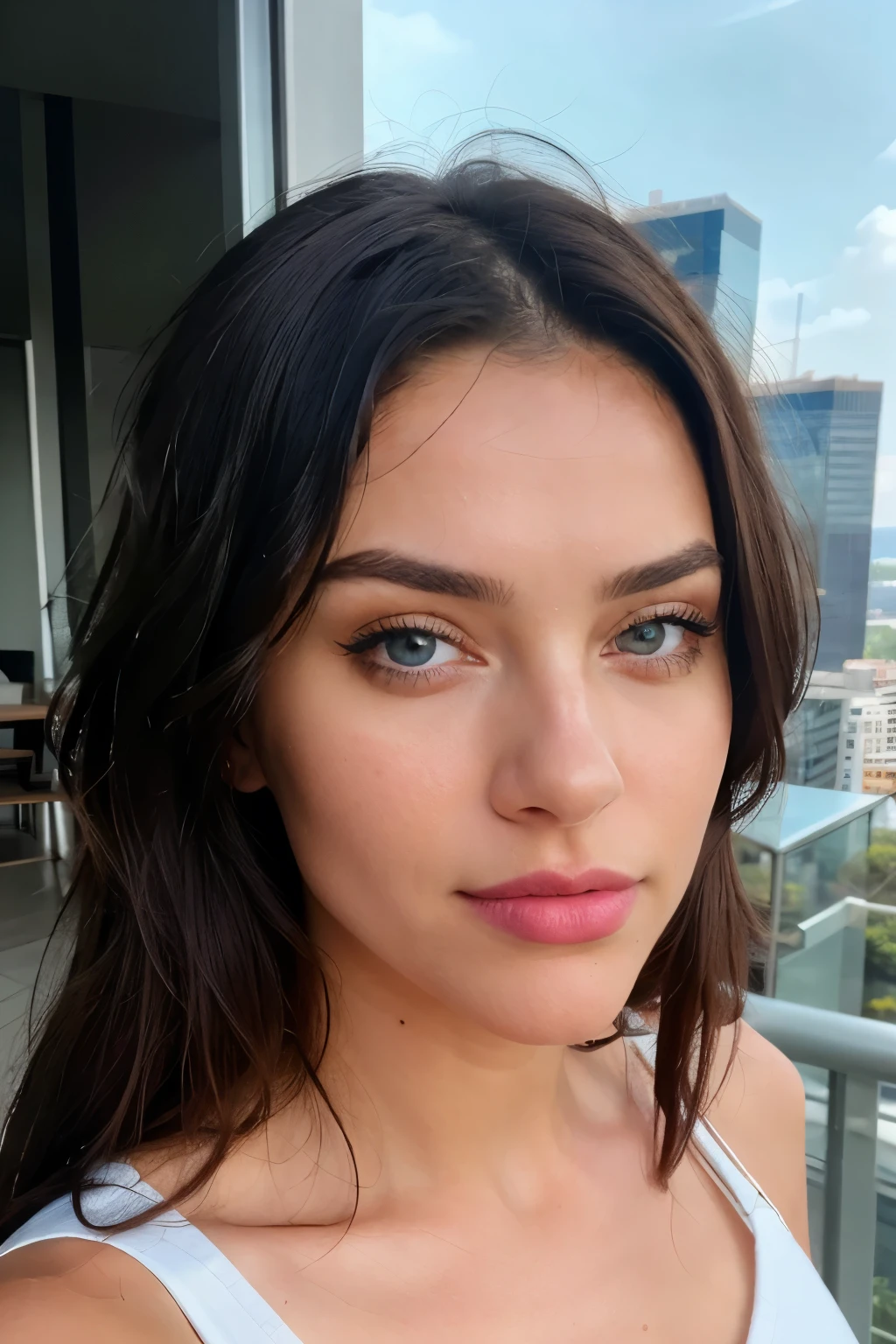 Photorealistic, ultradetailed, Selfie-style portrait, Young woman, Outdoor environment, Modern balcony, Glass railings, High-rise building view, Well-lit, Daytime, Dark hair (long, straight), Striking blue eyes, Defined eyebrows, Subtle smile, Natural makeup, Pink lip color, Fair skin, Full lips, White ribbed tank top, Bold and sexy poses, Medium depth of field, Medium-sized bust (1.3), High resolution, Masterpiece, Best quality, Intricate details, Professional, 4k, Analogue style, Film grain, Perfect focus, Detailed skin, Realistic skin texture, Roughness