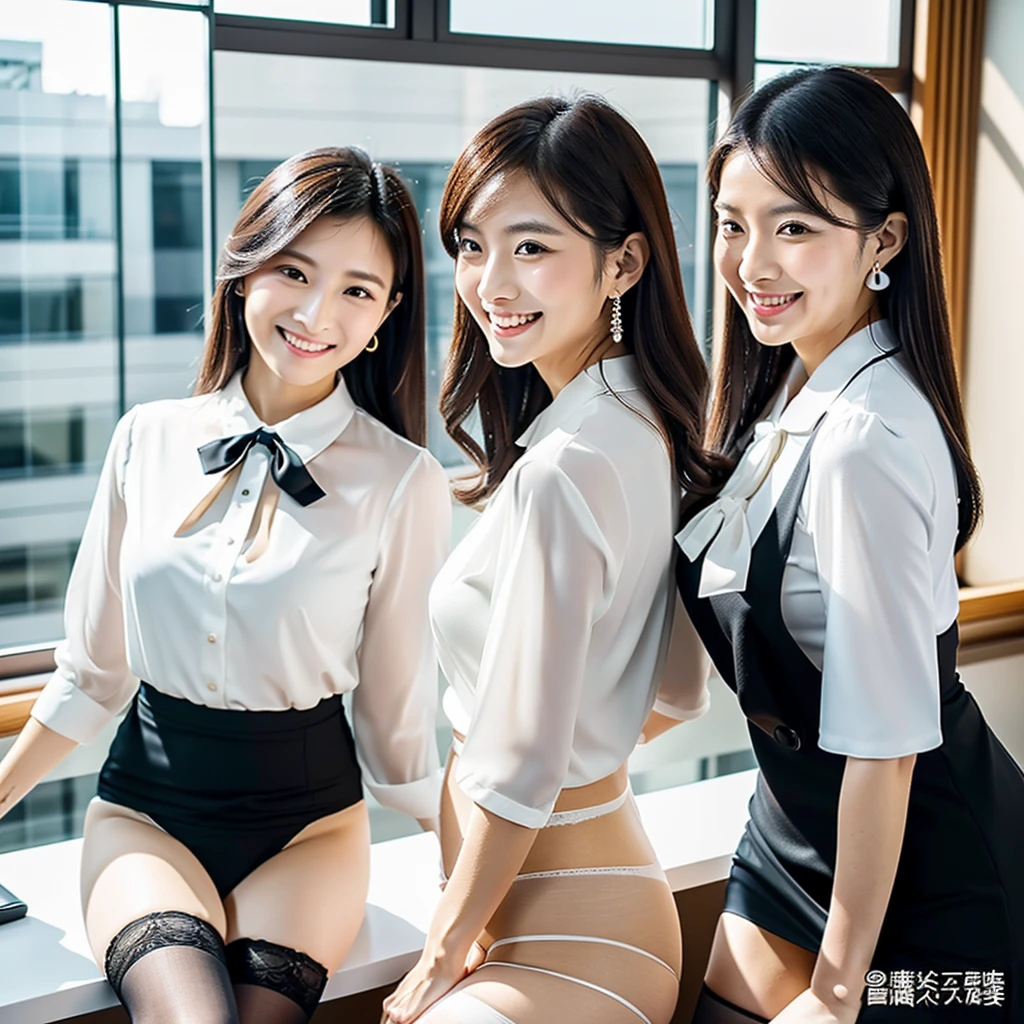 (A close-up photo of two beautiful Japanese office ladies), Everyone looking at the viewer, (All standing close together in a large office), (All smiling), Highest Resolution, masterpiece, (All wearing elegant formal white high-neck blouse, white bow-tie and panties), All wearing earrings, (exposing stockings)