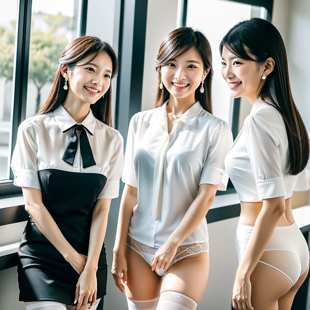 (A close-up photo of two beautiful Japanese office ladies), Everyone looking at the viewer, (All standing close together in a large office), (All smiling), Highest Resolution, masterpiece, (All wearing elegant formal white high-neck blouse, white bow-tie and panties), All wearing earrings, (exposing stockings)