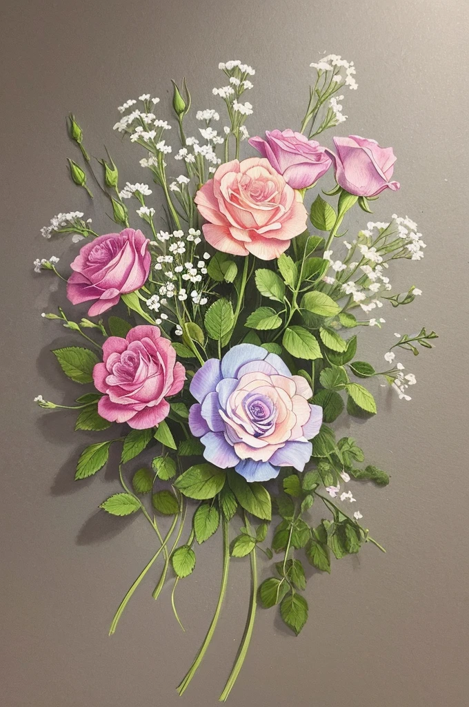 Convert your flower art into a hand-drawn illustration.、Create backgrounds with vibrant colors and unique touches　The type of flower is rose、Statice、Gypsophila、sweet pea、Mix in some lace flowers
