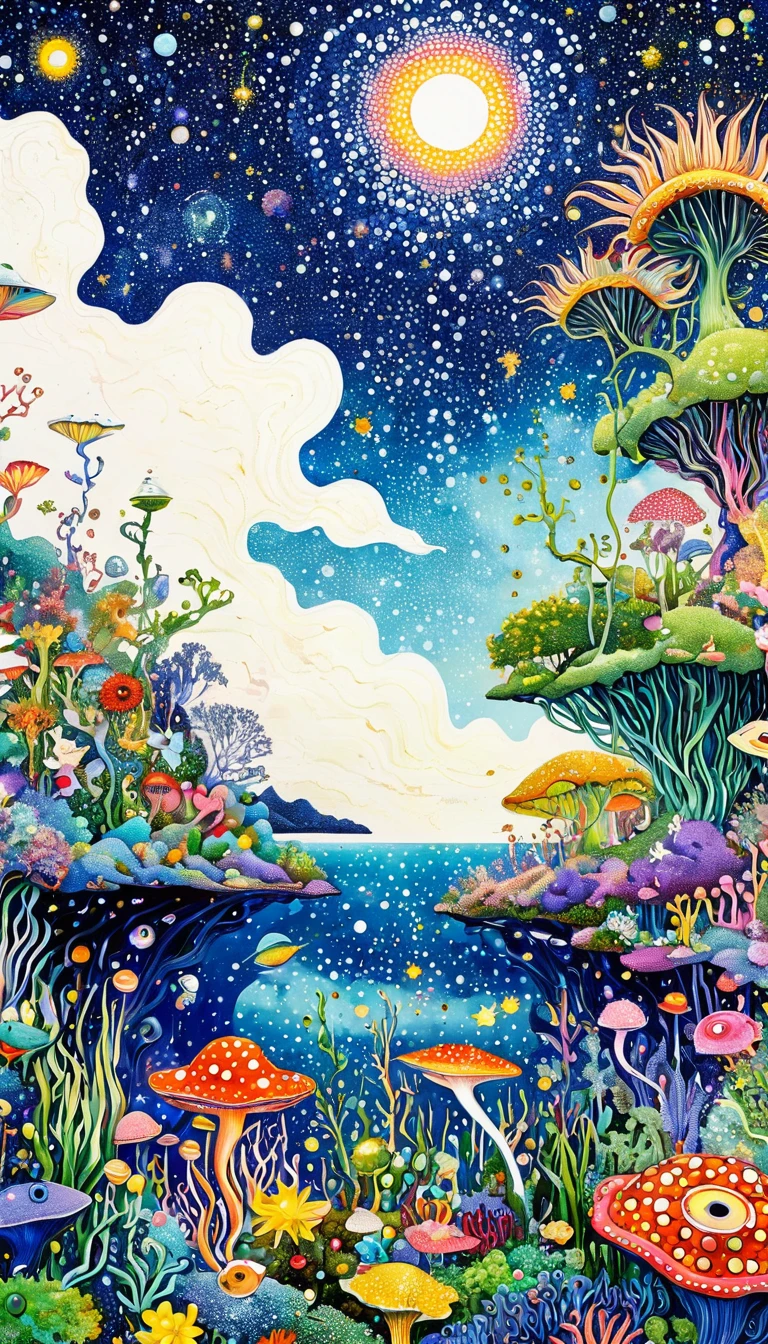 plant、Marine life、Eye、Starry Sky,An abstract painting at the joint,Describing the inner world of autistic people,Sense of space,White Space,Pointillism method,Psychedelic Art