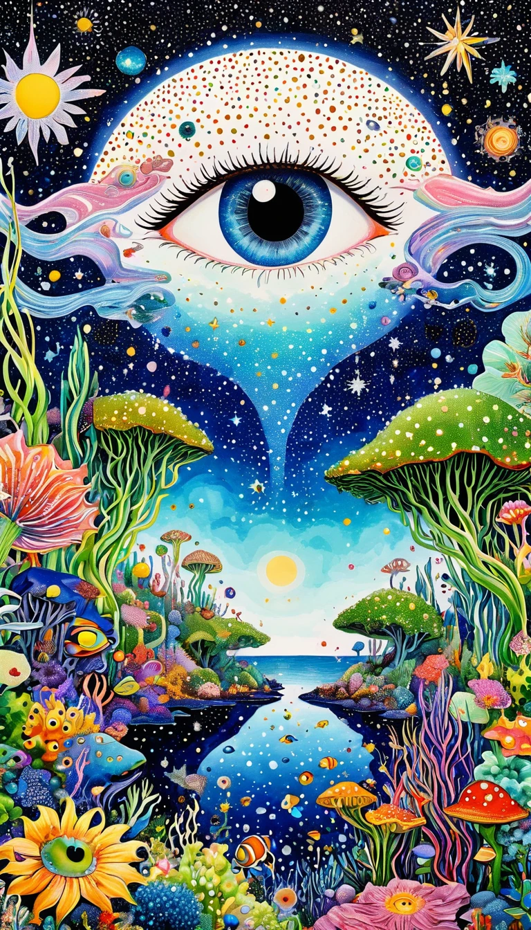plant、Marine life、Eye、Starry Sky，An abstract painting at the joint，Describing the inner world of autistic people，Sense of space，White Space，Pointillism method，Psychedelic Art