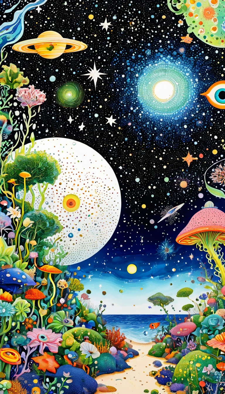 plant、Marine life、Eye、Starry Sky，An abstract painting at the joint，Describing the inner world of autistic people，Sense of space，White Space，Pointillism method，Psychedelic Art