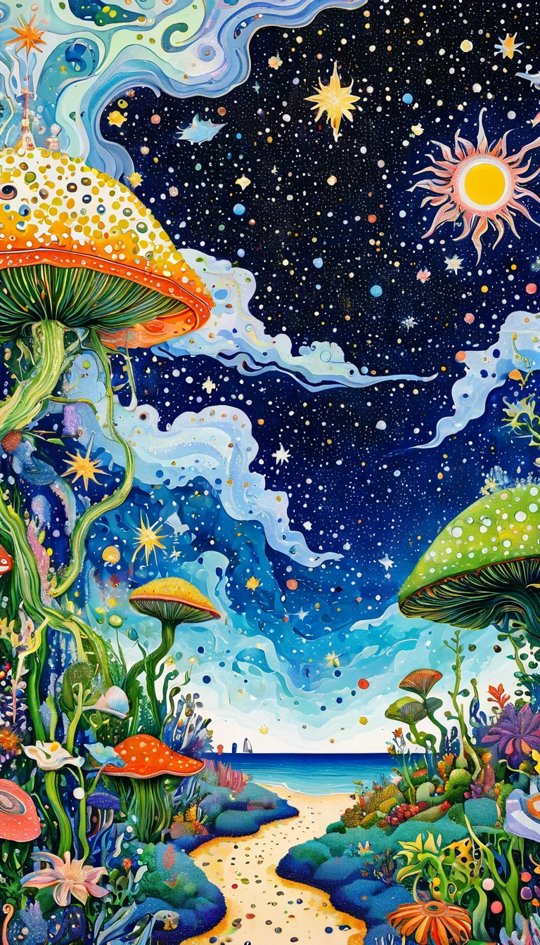 plant、Marine life、Eye、Starry Sky,An abstract painting at the joint,Describing the inner world of autistic people,Sense of space,White Space,Pointillism method,Psychedelic Art