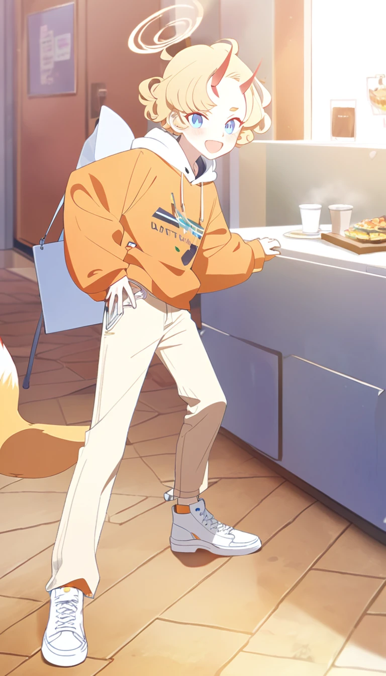 A  boy, white shoes, Latte coloured jeans, Pastel orange hoodie, oni horns, fox tail, Blue eyes, blonde hair, Orange halo, Short curly hair, ponytail, (Blue Archive character)