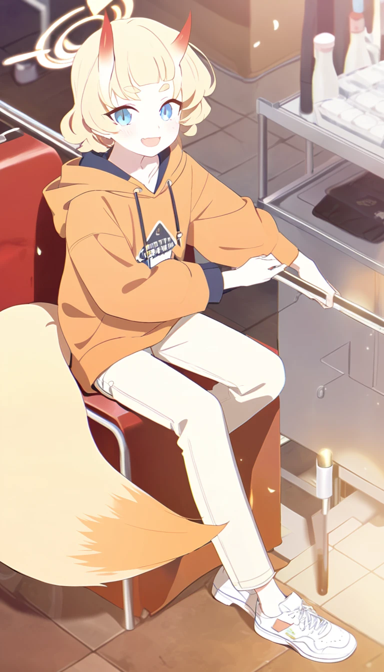 A 16 years old boy, white shoes, Latte coloured jeans, Pastel orange hoodie, oni horns, fox tail, Blue eyes, blonde hair, Orange halo, Short curly hair, ponytail, (Blue Archive character)