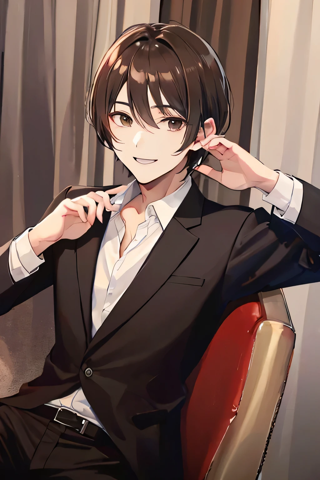 ((Highest quality)), ((masterpiece)), Dark brown hair male short hair suit smile