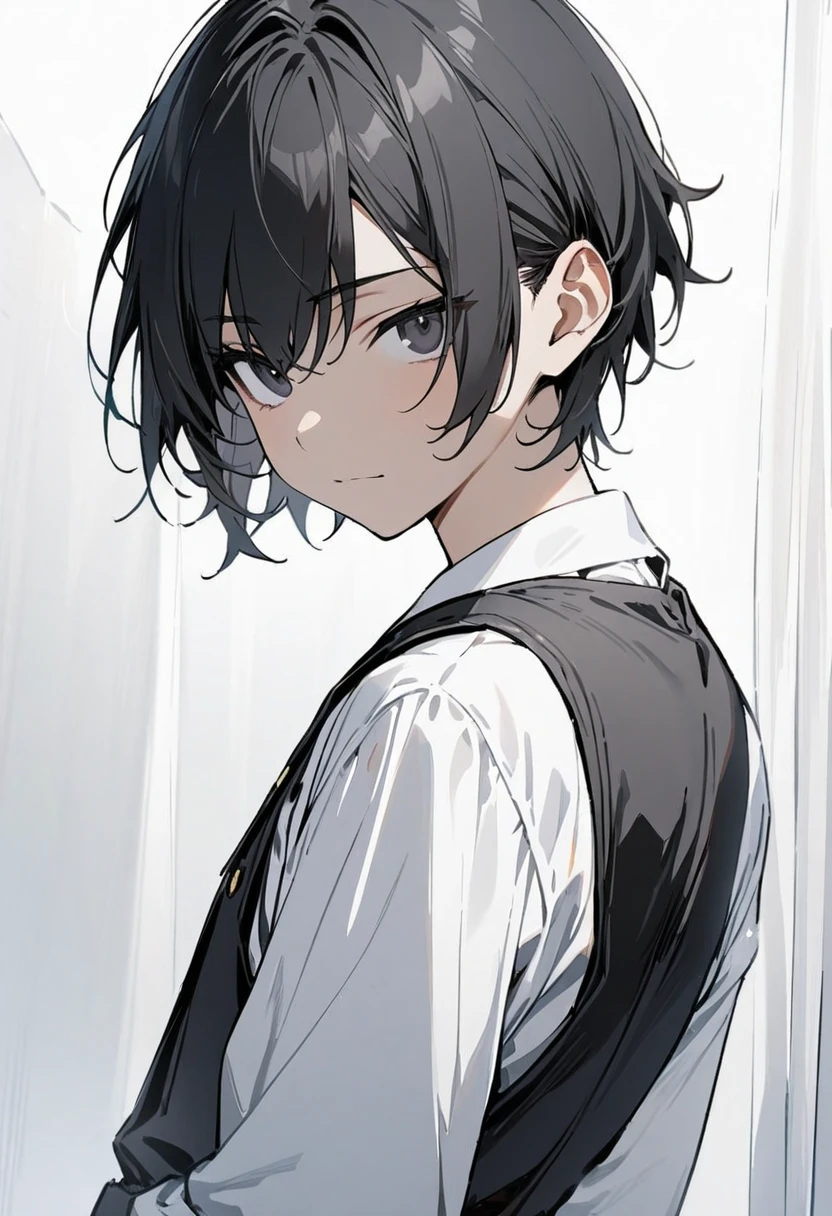 1 boy, black hair, short hair, black eyes, looking at viewer, standing, upper body, black vest, white dress shirt, long sleeves, no smile, simple white background, solo, (((best quality))), ((masterpiece))
