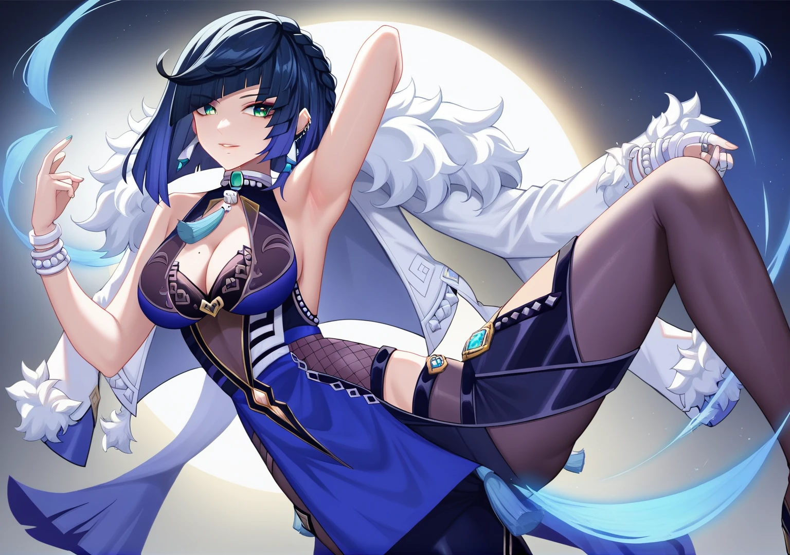 (masterpiece, top quality, high quality:1.1), (8K wallpaper unified with high definition CG), (perfect proportions, beautiful body:1.1), (1girl, solo:1.3), (yelan, yelan from genshin impact:1.3), (blue hair, short hair, green eyes, bright pupils, detailed eyes, choker, cleavage cutout, fur-trimmed jacket, jacket on shoulders, bare shoulders, dress, tassel, mole on breast, tight pants, sleeveless, bracelet:1.4), (smile, standing, full body shot, full body:1.3), (one arm up, showing armpit, presenting armpit, armpit:1.35), (simple background, blue background:1.4), (ambient lighting, bokeh, 200mm lens:1.2), 