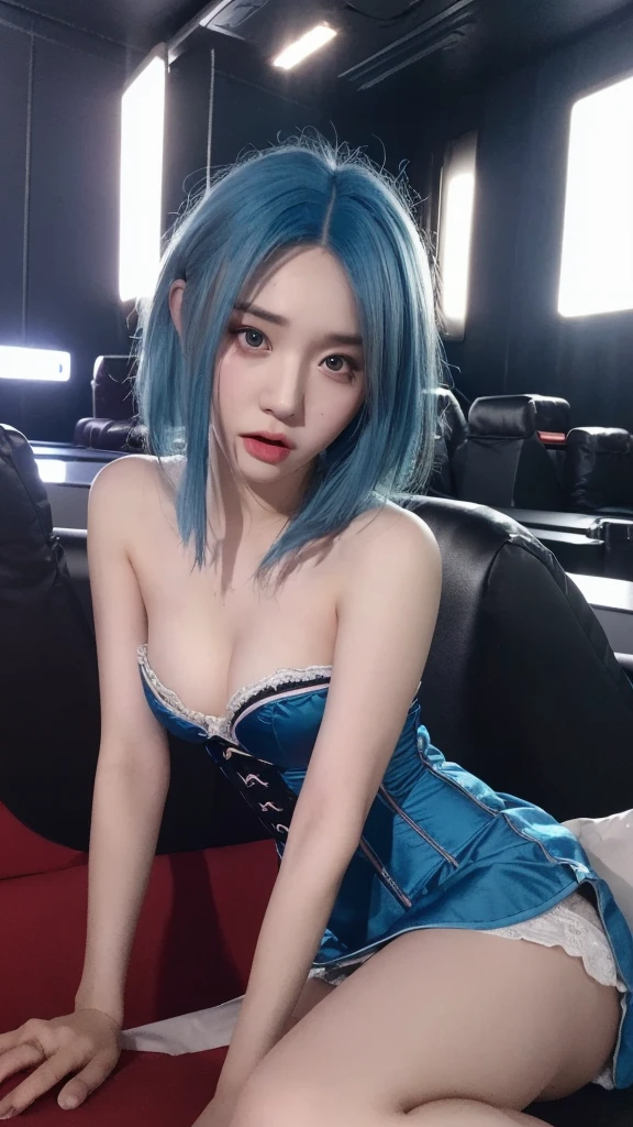 ((Cinema-grade lighting, best quality, 8K, Masterpiece :1.3)), 1 girl, Beautiful woman with Slender ABCs :1.4, (blue haired ted, small breasts :1.2),small panties, corset mini dress :1.2, strapless, Seductive lips open, sofa, Highly detailed face, Detailed eyes, Double eyelids