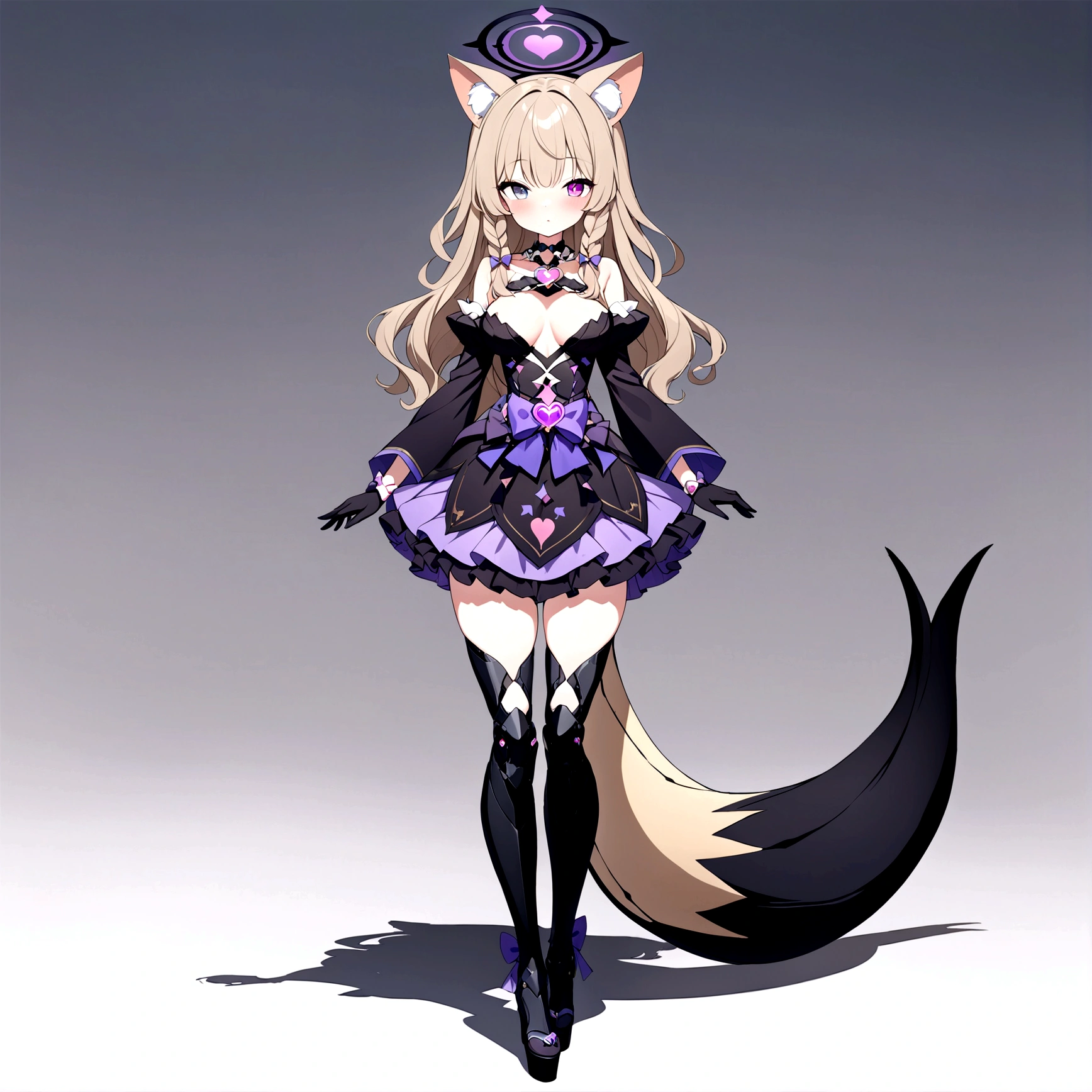 woman 170 cm tall. (character design sheet: front view). Dark blonde long hair, slim build. wavy hair with hip length curls, has a short central tuft, She has a short braid on the left side over her chest with a purple bow, She has a short braid on the right side over her chest with a purple bow. Two black and purple serval ears located on the top of the head... small face. (heterochromia: one gray eye and one purple eye), has small ribbons on the right and left side of the hair. extremely detailed face, Beautiful detailed eyes, beautiful detailed lips. adorable, extremely detailed legs, (Best Quality, 4k, 8k, high resolution), ultra detailed, Exquisite and epic character art... Black platform heels, Elegant one-piece long dress with ruffle skirt and wide sleeves. Ribbon decorations and star patterns on clothing. black gloves. gray belt at the waist with a large ribbon with a luminous pink heart in the middle. black necklace with heart emblem on the neck. It has a succubus tail with a small luminous violet star at the tip of the tail...... (wide hip). Luminous black halo with purple star patterns above his head..... (medium chest size). Mechanical legs up to the thigh in black.