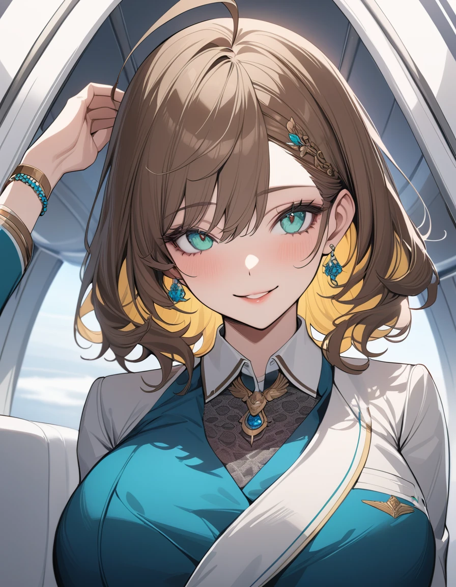 (Highest quality:1.2, High Detail, masterpiece:1.2, Best aesthetics), (1 girl), Beautiful woman, Beautiful detailed eyes, Beautiful detailed lips, Highly detailed face, Delicate depiction of hair and eyes, Detailed Fashion, (detailed background:1.2) ((Portraiture, Cowboy Shot)), Aqua Eye, huge ahoge, Mouth open, Earrings, View your viewers, attractive breasts, huge breasts, upper body, full body from knees to head, gaze away, gaze into the distance, smile lightly, fancy nails, bracelet, medium hair, yellow color inner hair, brown hair, (flight attendant:1.4)