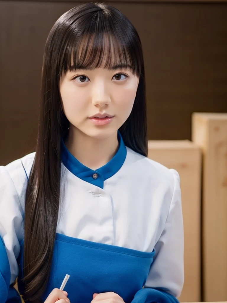 slender girl, (make up:1.1), (ニットセーター:1.2), middle breasts, at school room, (upper body shot:1.1), round face