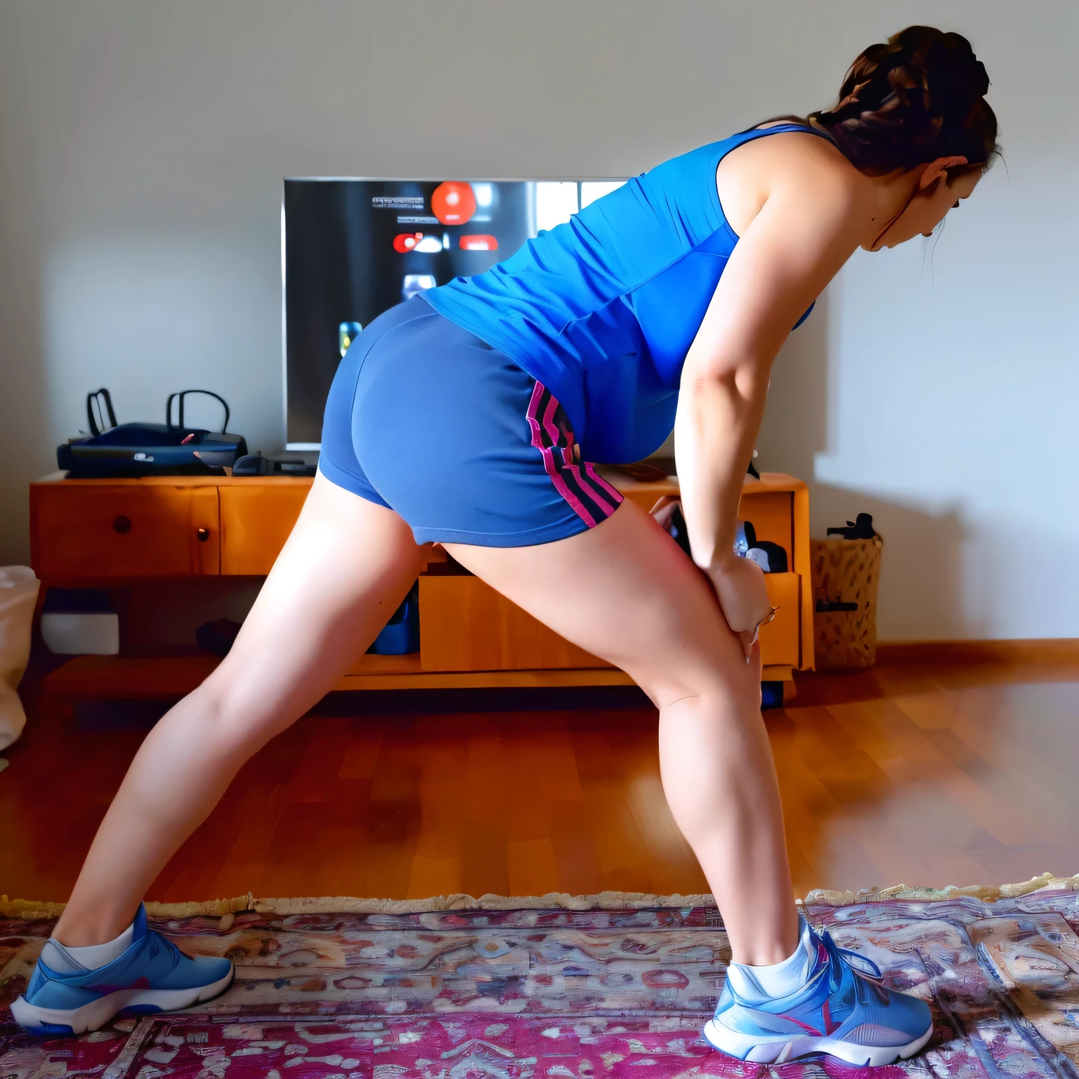 there is a woman in a blue shirt and blue shorts doing a squat, bent over posture, bent - over posture, leg and hip shot, hunched shoulders, lunging at camera :4, back arched, dynamic stretching, squatting pose, back - shot, side view of her taking steps, forward facing pose, doing splits and stretching