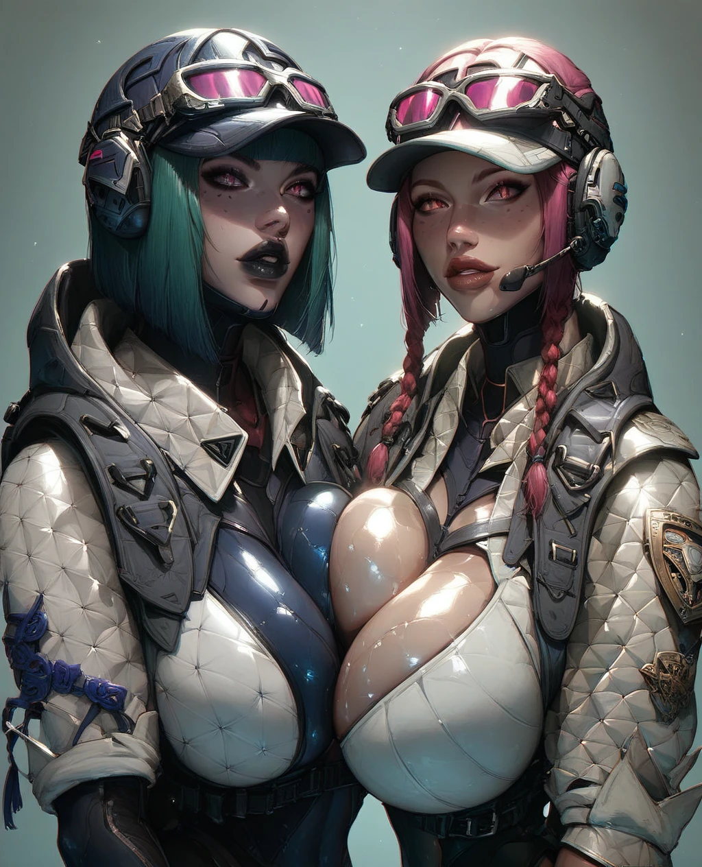 score_9, score_8_up, score_7_up, 2girls, Ela, ela elite \(Rainbow Six Siege\),ela, ela \(Rainbow Six Siege\,serana, voutfit, red eyes, slit pupils, black lips,(((massive breasts))), oiled, overhead shot, cupping breasts