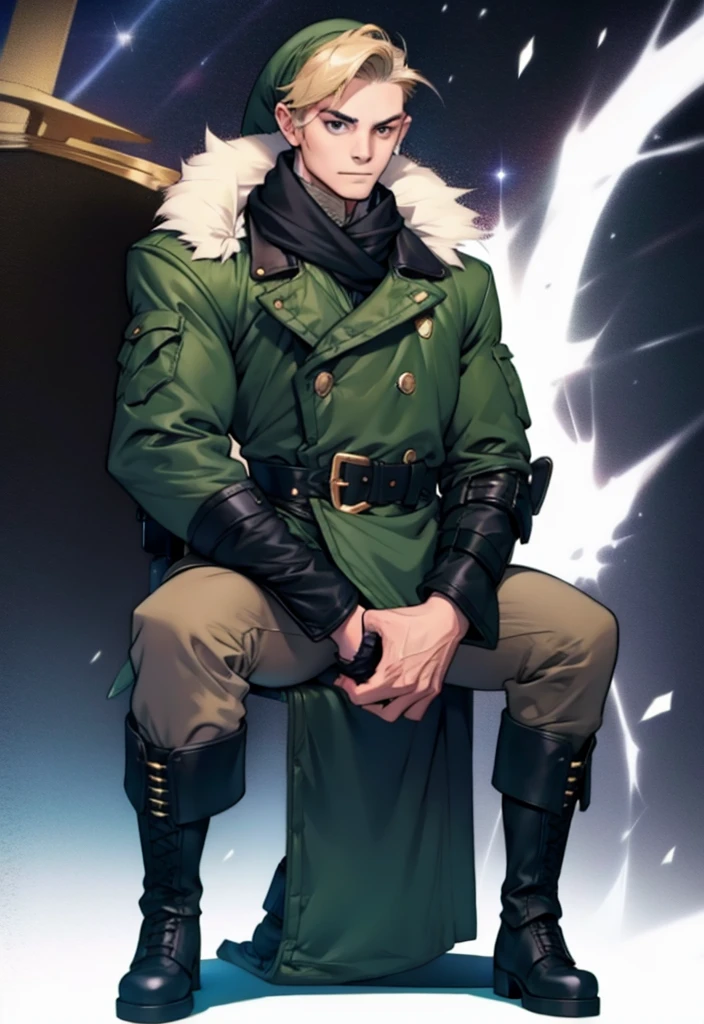 (Link:1)(Warrior:1), (adult man:1.33), sitting, full body, black leather combat boots, beige pants, gloves , (narrow eyebrows:0.33), (confident:1.4), (smiling:0.4), (clenching fists:0.33), scarf,male,confident,strong,tall, from_below, dominant,bdsm,evil,staring, military uniform, sitting on throne