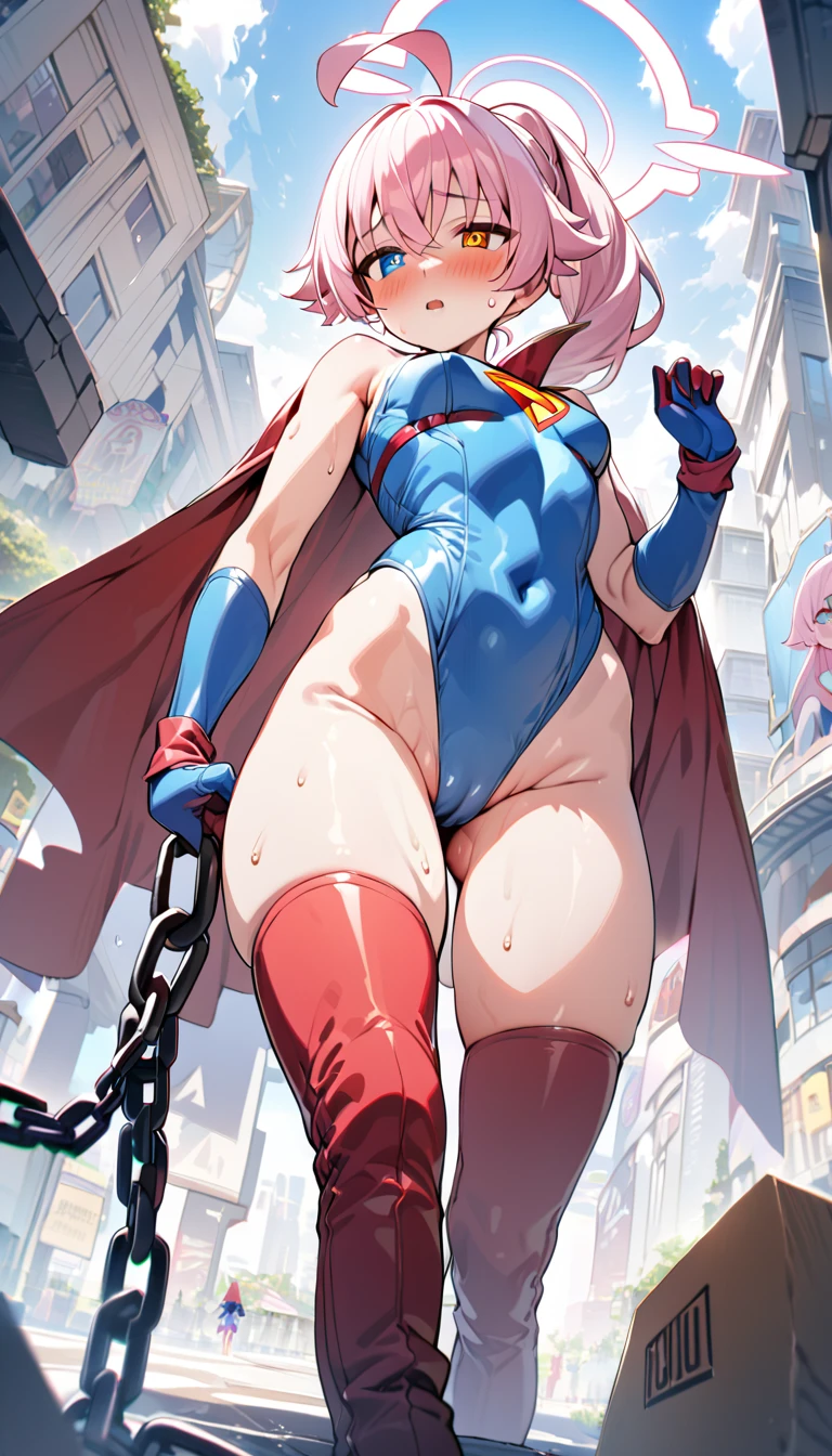 (full body), (masterpiece:1.2), (Highest_quality:1.2), (Ultra_detailed:1.3), 8K, Low - Angle,From below, 1 Girl,alone,大きなButtの女の子, red knee high long boots,wearing spcc costume with cape,( Supergirl), Blue leotard,Red mini skirt,Red Cape,gloves,hoshino-ponytail,hoshino \(blue archive\), heterochromia,medium hair,ponytail,pink hair,ahoge,Halation,(Browsing Caution,Heart-shaped pupils,Masturbation,Masturbation,Man muscle,Groin, Butt,Sweat,,Climax,To convulsions,wrists tied with chains),