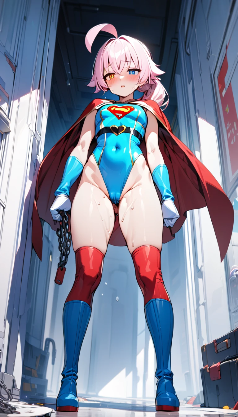 (full body), (masterpiece:1.2), (Highest_quality:1.2), (Ultra_detailed:1.3), 8K, Low - Angle,From below, 1 Girl,alone,大きなButtの女の子, red knee high long boots,wearing spcc costume with cape,( Supergirl), Blue leotard,Red mini skirt,Red Cape,gloves,hoshino-ponytail,hoshino \(blue archive\), heterochromia,medium hair,ponytail,pink hair,ahoge,Halation,(Browsing Caution,Heart-shaped pupils,Masturbation,Masturbation,Man muscle,Groin, Butt,Sweat,,Climax,To convulsions,wrists tied with chains),