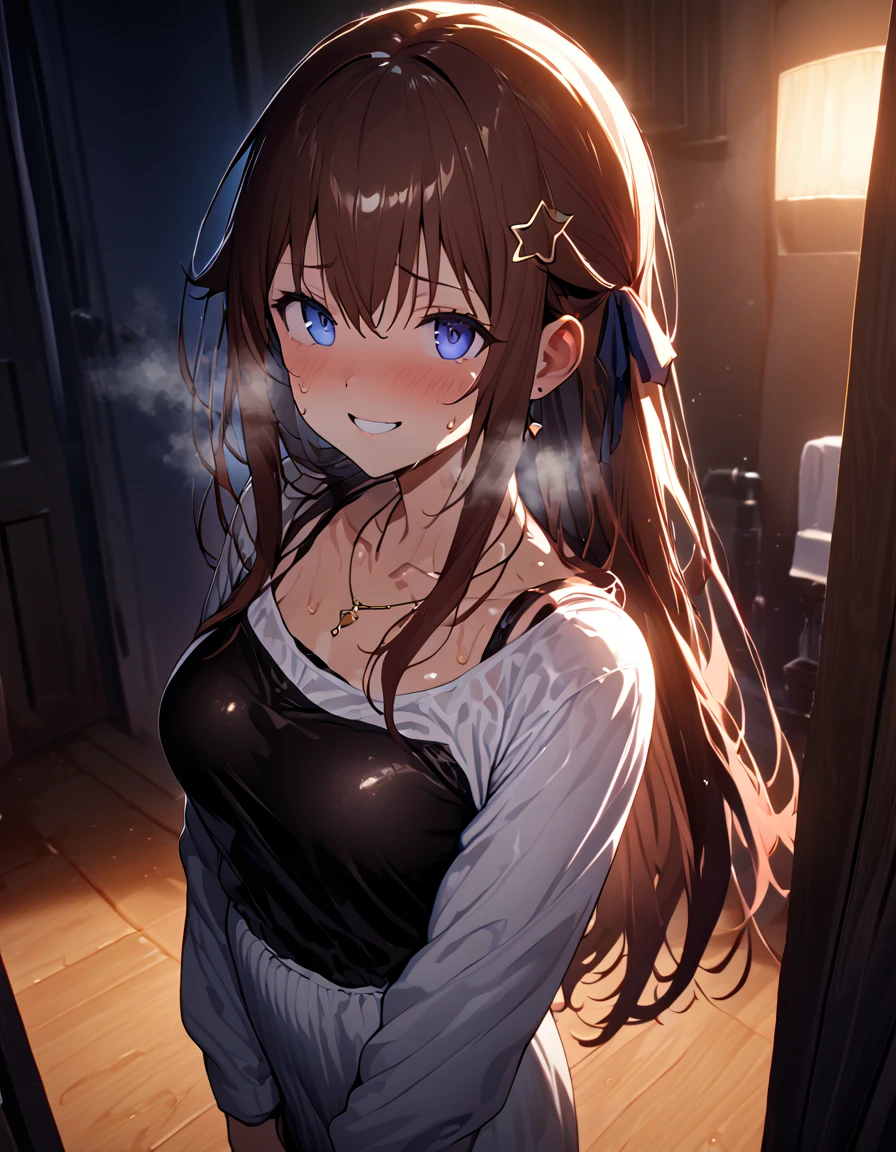 (masterpiece),(best quality),(ultra-detailed),(best illustration),(best shadow),(absurdres),(detailed background),(very aesthetic),1girl,solo,night,dim lighting,in narrow bedroom,heavy breath,shiny skin,sweat,,TokinoSora, long hair, star hair ornament,red hair ribbon, blue eyes,aged up,looking at viewer,(slutty_clothes:1.2),,red hair ribbon,in heat,horny,orgasm face,shy smile,earring,gold necklace,