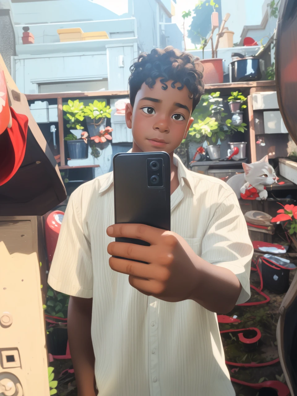 Realistic portrait of a -year-boy, wears a red shirt . His face is childish and exploratory . He goes out cautiously into the garden of the house, A small cat is among the bushes and he touches it cautiously ,Not facing the camera,, Hair is untidy ,