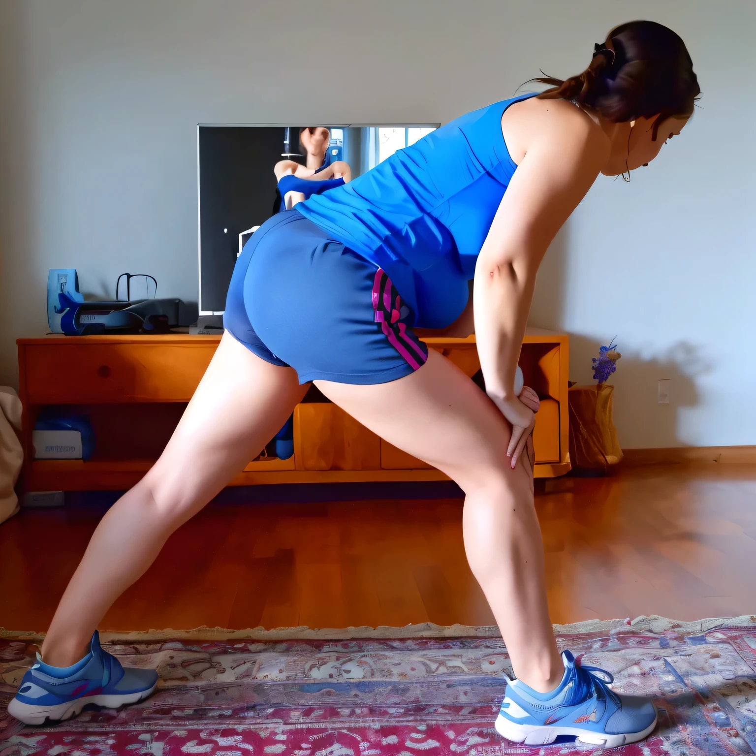 there is a woman in a blue shirt and blue shorts doing a squat, bent over posture, bent - over posture, leg and hip shot, hunched shoulders, lunging at camera :4, back arched, dynamic stretching, squatting pose, back - shot, side view of her taking steps, forward facing pose, doing splits and stretching