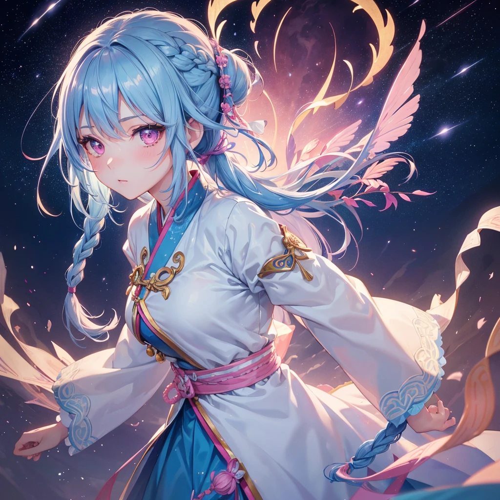 Sky blue hair, (One braided ponytail),(Pink Eyes),Fair skin ,(whole body),(One girl),Hanfu,(Sky Yue),Tanabata,(The Milky Way in the night sky),Hollow Eyes,Blushing,Straight bangs,(masterpiece, Highest quality, Very detailed, Best Shadow), (Detailed Background), (Beautifully detailed face), High Contrast, (Best lighting, Very delicate and beautiful), ((Cinematic Light)), colorful, Hyper Detail, Dramatic Light, Intricate details,