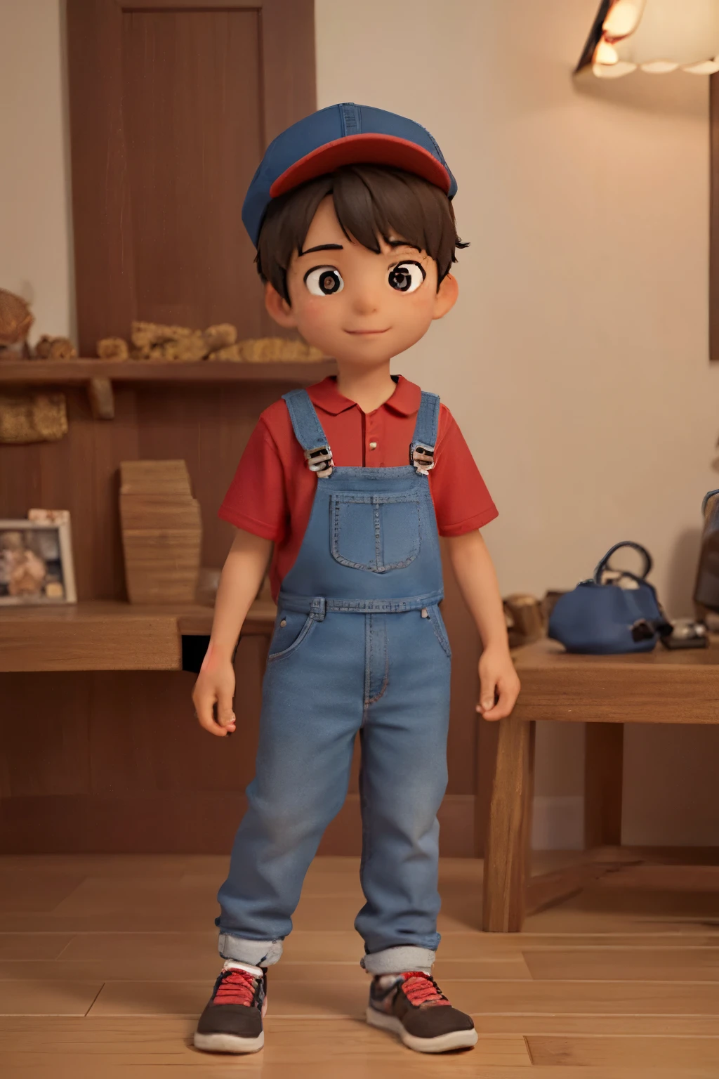 a very happy boy, full body, 10 years old, light black hair, brown eyes, cap on his head, red sports overalls and yellow sports flannel, the boy walking his pet dog, cartoon 3d pixart style, (best quality,4k,8k,highres,masterpiece:1.2),ultra-detailed,(realistic,photorealistic,photo-realistic:1.37),vivid colors,studio lighting,extremely detailed face and body,beautiful detailed eyes,beautiful detailed lips,extremely detailed brown eyes and face,longeyelashes