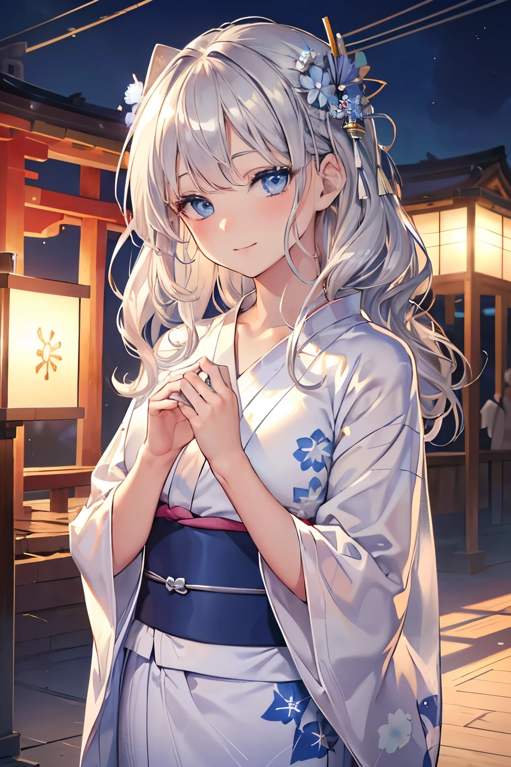 (Best quality,4K,8K,High resolution,Masterpiece:1.2),Super detailed,(Actual, Realistic),
break,
((Beautiful clear blue eyes:1.2)),
break,
((Beautiful and shiny silver hair:1.3)),natural wavy hair,shy smile,
break,
(yukata:1.3),
break,
japanese summer festival