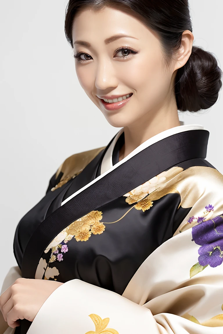 (Highest quality、Tabletop、8K、Best image quality、Award-winning works)、(One beautiful mature woman:1.1)、Adult face、(Innkeeper:1.1)、(A luxurious and elegant kimono with a floral pattern:1.3)、(A kimono with a perfect and precise collar:1.2)、Perfect mature woman portrait photo、Glowing Skin、Standing Elegantly、(The simplest pure white background:1.4)、(Strongly blurred background:1.2)、Glowing Skin、Very beautiful skin、(Accentuate your body lines:1.1)、(The most graceful posture:1.2)、(Large Breasts:1.2)、(Voluptuous body:1.3)、A perfect smile、Perfect beautiful glossy lips、(Accurate anatomy:1.2)、(A perfect and elegant outfit:1.1)、(Standing with good posture:1.1)、(Beautiful, elegant and top-quality patterned kimono:1.2)、、(Perfect and natural beautiful sleeves:1.2)、(A perfect and natural beautiful collar:1.2)、(Perfect and natural beautiful sleeves:1.2)、(An elegant and high-quality patterned kimono obi:1.4)、(Perfect wide belt:1.2)、(A perfect and natural beautiful kimono obi:1.1)、(Chignon:1.3)、(Close-up of face:1.5)、(Smile looking at me:1.2)