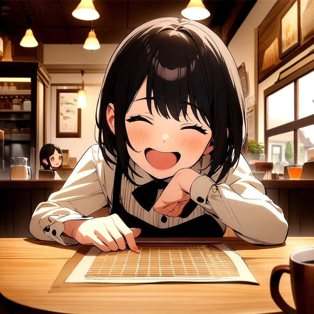 girl, Black Hair, younger sister, Her hair is a short bob、Laughing at the speaker, High-quality images, Tabletop, beautiful girl, Cafe,