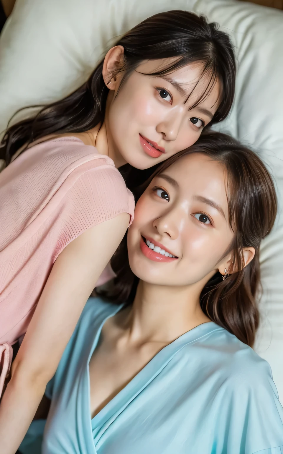 ((Highest quality, 8K, masterpiece :1.3)), Sharp focus：1.2, Bright colors, Professional level, ((Bokeh effect)), Shallow depth of field, 20-year-old female, (A half Japanese, half German woman), ((1 person)), A beautiful face with intelligence, Flexible body :1.3, Model Body Type:1.5, 頭w:1.4, Perfect Style：1.4, Realistic skin texture, Fair skin, Shiny skin, Narrow shoulders, Beautiful clavicle, Long, slender legs, The beauty of slim abs :1.2, Narrow waist :1.2, Highly detailed face, Slim face contour, Beautiful small face, Beautiful Nose, Highly detailed eyes, Long, narrow eyes, Brown eyes, double eyelid, Beautiful thin eyebrows, fine long eyelashes, Fuller lips, Glossy pink lips, My cheeks are red., Beautiful Teeth, Beautiful actress&#39; Perfect Makeup, Silver Necklace, Earrings, Light brown hair, Delicate and soft hair, (Put your hair up, Fluffy short bob:1.2), Layered Cut, (Blunt bangs:1.2),

Mouth half open, Attractive look, Looking into the camera,
((Sleep on your back:1.2)), (Bare legs that make you want to lick them:1.4), Dynamic Lighting,

(Short sleeve shirt, See-through cardigan, Brightly colored thongs:1.4),

((Wrap yourself in a futon and do naughty things with me, She runs her fingers along the crack between her legs., Nipples are visible through the gaps in the clothes:1.5)),


