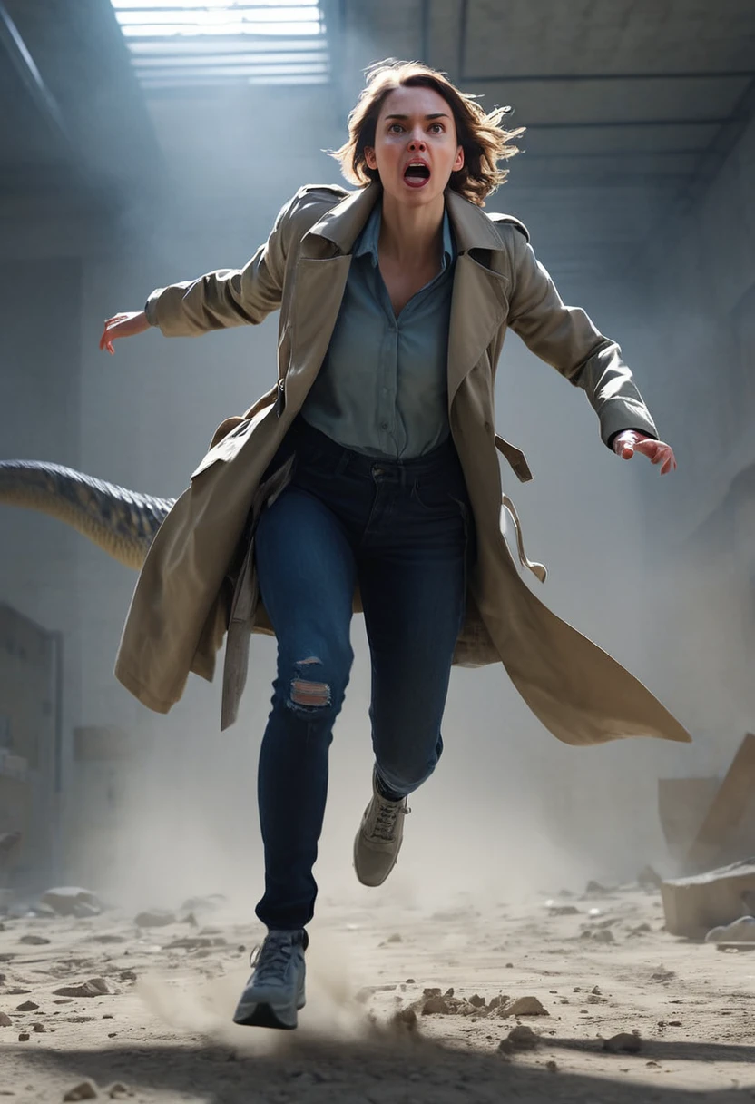 zdyna_pose, dutch angle, from below, foreshortening, woman in trenchcoat standing above viewer in a zdyna_pose running after a velociraptor in a low camera angle actions scene, foreground objects dust and volumetric lighting, bright cinematic lighting 