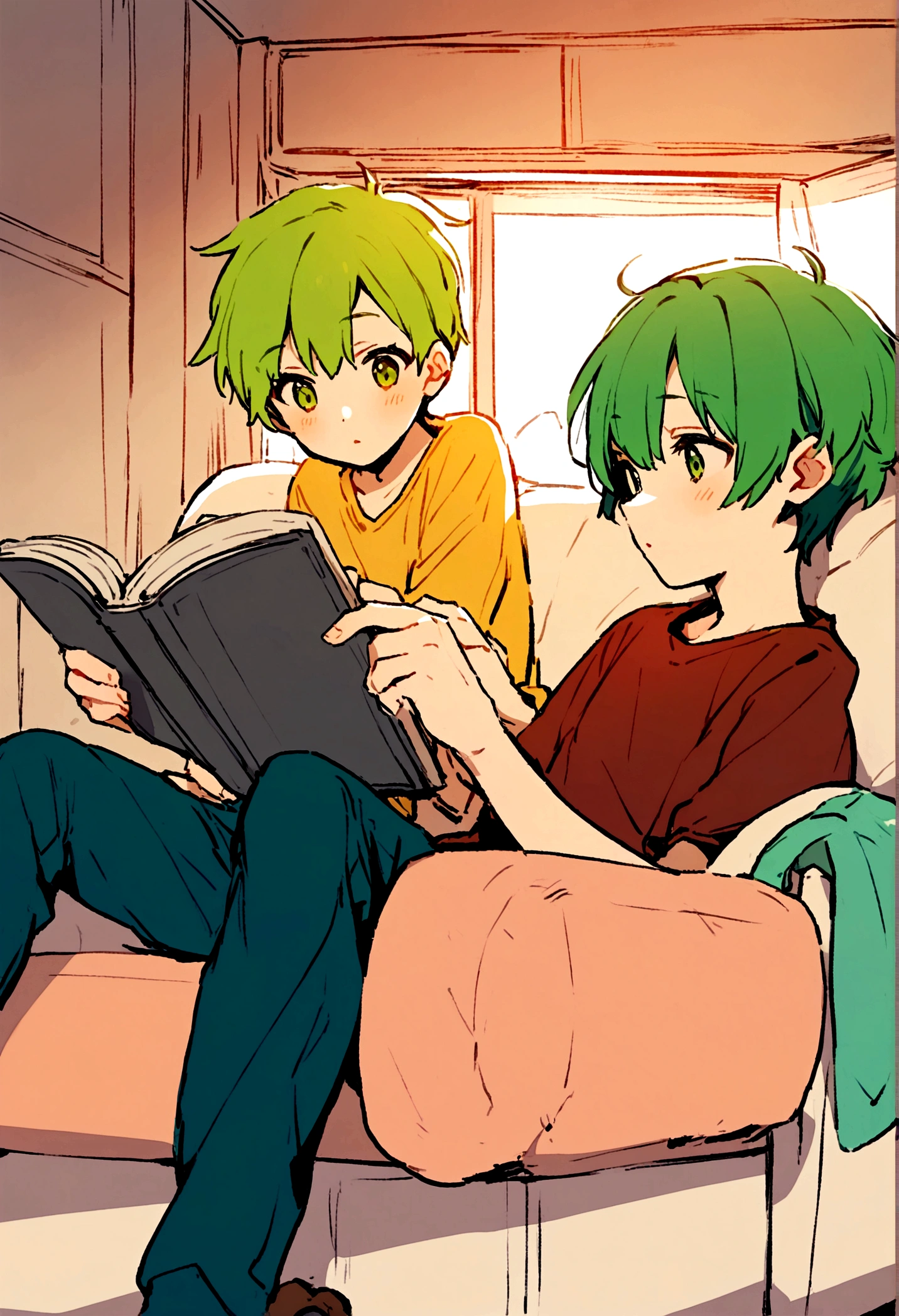 2 boys, 16 years, green hair, sitting on the couch, reading, in room