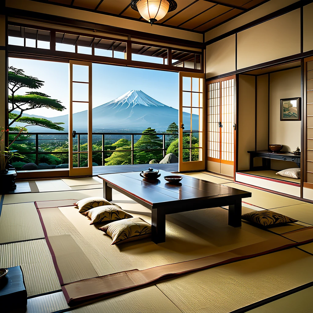 (masterpiece, top quality, best quality),(ultra-detailed, absolutely resolution),((16k, high res)),

BREAK {hyper-realistic photo of a traditional Japanese room (washitsu) with a view of Mount Fuji. The room should feature tatami mats, sliding shoji doors, and low wooden furniture such as a tea table and cushions. Through the large open shoji doors or windows, there should be a breathtaking view of Mount Fuji, framed by a serene Japanese garden with meticulously maintained plants and a small pond. The lighting should be soft and natural, enhancing the tranquility of the scene. Include elements like a scroll painting or calligraphy on the wall, and traditional Japanese tea set on the table. The overall atmosphere should be calm and serene, capturing the timeless beauty of Japanese architecture and the majestic presence of Mount Fuji.}

BREAK { (produces images with information more than 40 million pixels with cinematic-like detailed textures shot on a Sony SLR).}