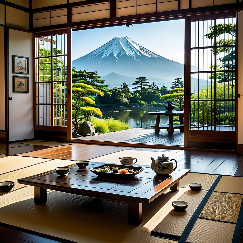 (masterpiece, top quality, best quality),(ultra-detailed, absolutely resolution),((16k, high res)),

BREAK {hyper-realistic photo of a traditional Japanese room (washitsu) with a view of Mount Fuji. The room should feature tatami mats, sliding shoji doors, and low wooden furniture such as a tea table and cushions. Through the large open shoji doors or windows, there should be a breathtaking view of Mount Fuji, framed by a serene Japanese garden with meticulously maintained plants and a small pond. The lighting should be soft and natural, enhancing the tranquility of the scene. Include elements like a scroll painting or calligraphy on the wall, and traditional Japanese tea set on the table. The overall atmosphere should be calm and serene, capturing the timeless beauty of Japanese architecture and the majestic presence of Mount Fuji.}

BREAK { (produces images with information more than 40 million pixels with cinematic-like detailed textures shot on a Sony SLR).}